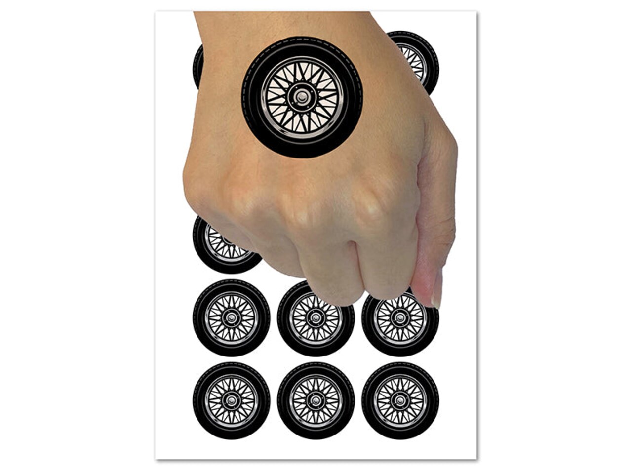 Detailed Realistic Tire Wheel Car Vehicle Temporary Tattoo Water Resistant Fake Body Art Set Collection (1 Sheet)